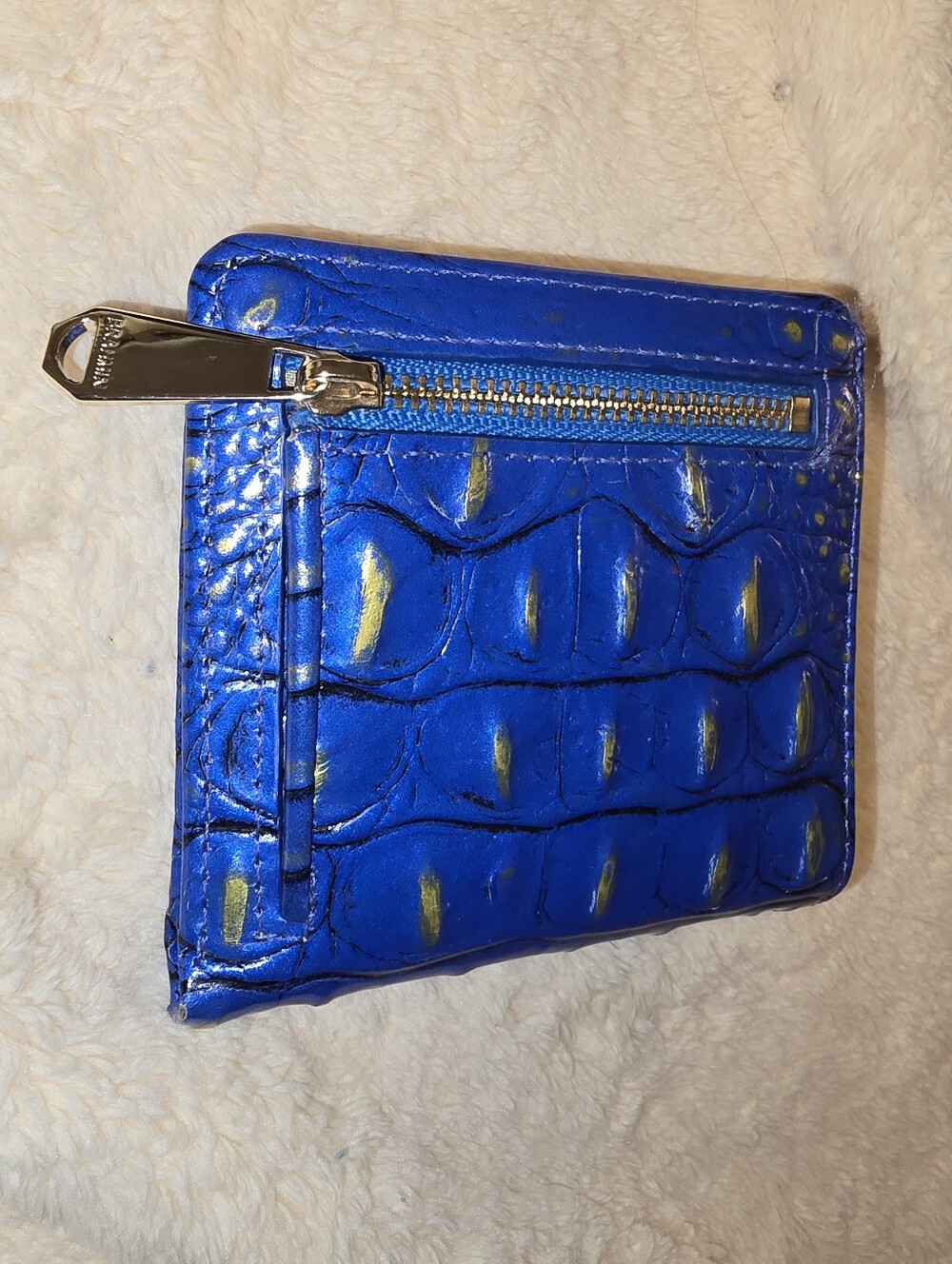 Brahmin Electric Blue Croc-Embossed Compact Wallet with Gold Accents - Picture 2 of 3